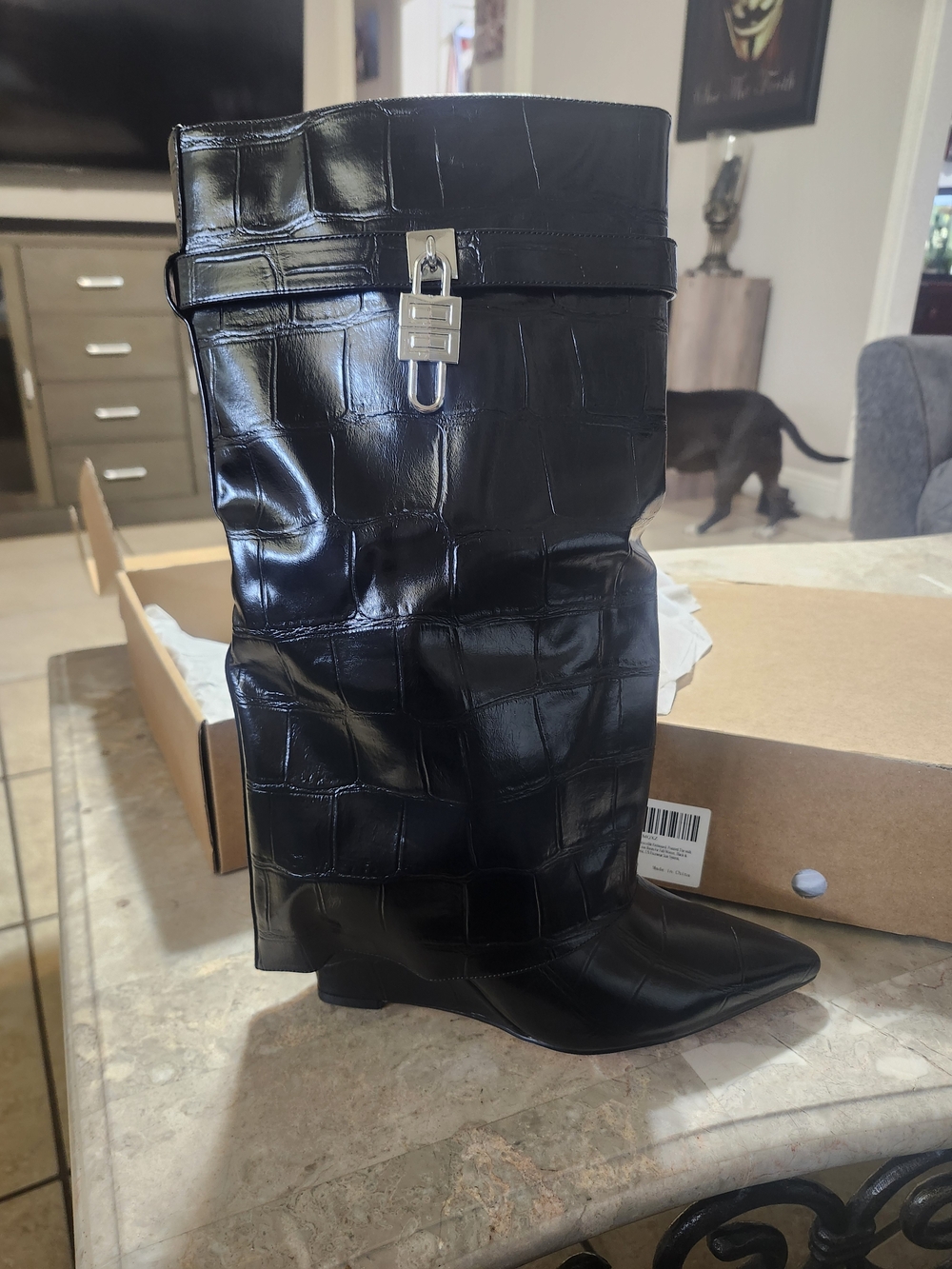 Black Croc-Embossed Knee High Heeled Boot with Silver Padlock Accent 3" Wedge